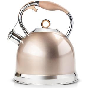 Chaleira de Chá HIHUOS 3 Litros em Aço Inoxidável com Apito e Mecanismo de Abertura de Gatilho, Dourado