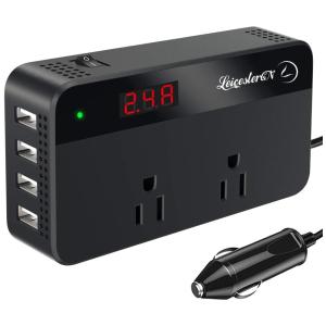 Inversor de Potência 200 W DC 12V para AC 2 Tomadas AC 4 Portas USB, 110v, LEICESTERCN, Preto