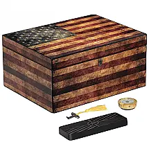 Humidor Desktop Quality Importers Bandeira Americana Envelhecida com Higrômetro de Vidro 100 Charutos