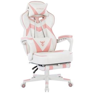Zeanus Cadeira de Escritório Gamer Ergonômica e Reclinável com Apoio para Pés e Lombar, Rosa e Branca