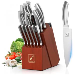 Conjunto de Facas em Aço Inoxidável com Bloco de Bancada e Afiador Embutido, 15 Peças, Imarku, Prata