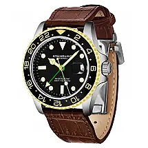 Relogio Meridian 3968L GMT 42mm, Mostrador Preto, Moldura e Pulseira em Couro Marrom, Fivela de Implantacao Stuhrling