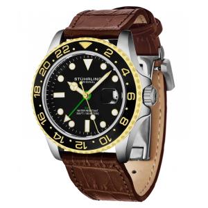 Relogio Meridian 3968L GMT 42mm, Mostrador Preto, Moldura e Pulseira em Couro Marrom, Fivela de Implantacao Stuhrling