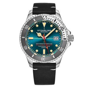 Relgio Automtico Swiss Depthmaster Heritage 883H 42mm, Mostrador Azul-Petrleo, Pulseira de Couro Preto Prova d'gua - Stuhrling