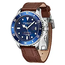 Relogio suico automatico Depthmaster 883L de 42mm, mostrador azul e pulseira de couro marrom com fivela de implantacao Stuhrling.