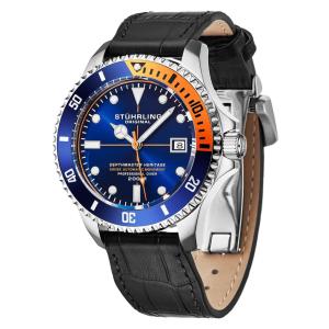 Relogio Swiss Automatico Depthmaster Heritage 883HL 42 mm, mostrador azul e prata, pulseira de couro preta e fivela de aco inoxidavel