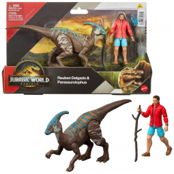 Mattel Jurassic World Rebirth Pack de Figuras Dinossauro e Humano com Reuben Delgado e Parasaurolophus, Escala 9,5 cm