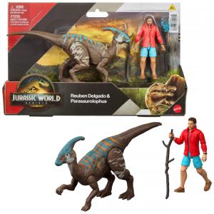 Mattel Jurassic World Rebirth Pack de Figuras Dinossauro e Humano com Reuben Delgado e Parasaurolophus, Escala 9,5 cm