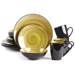 Aparelho de Jantar de 16 peças em Cerâmica Stoneware Sonoma, Verde com Efeito de Salpicos Pretos,HomeVss