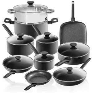 Jogo de Panelas e Frigideiras Antiaderentes em Alumínio com Revestimento de Diamante, 17 Peças, Granitestone, Preto