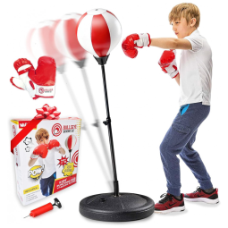 whoobli Kit de Saco de Pancada Infantil Ajustável com Luvas de Boxe - Brinquedo Esportivo para Crianças de 3 a 10 Anos Vermelho e Branco