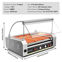 Máquina de Hot Dog Comercial BOOROS 1400W com 9 Rolos de Aço Inox 304 — até 24 Salsichas por Vez, Tampa de Vidro Temperado