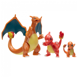 Conjunto de figuras Pokémon Select Evolution Charmander Charmeleon Charizard com 3 estátuas articuladas para brincar e expor