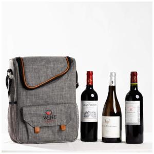 Bolsa Térmica Para Transporte de Vinhos com Detalhe em Couro até 3 Garrafas, WINE ABOUT IT, Cinza