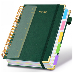 Caderno universitário espiral capa dura GDGDSY B5 8x10, 5 matérias, 300 páginas pautadas, divisórias removíveis, capa couro sintético verde