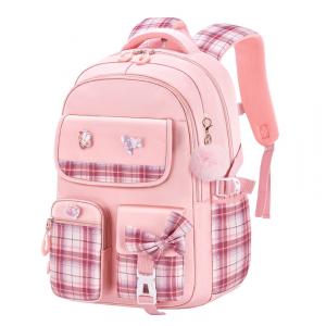 Mochila escolar infantil kistou quadriculada com laço, oxford impermeável, grande capacidade, rosa e branca