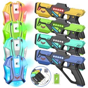 Conjunto de Pistola de Brinquedo com Laser Tag, 4 Pistolas e 4 Coletes para Crianças e Adultos, JakMean, Colorido