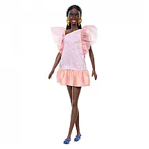 Barbie Fashionistas Boneca 216 Corpo Alto Cabelos Pretos Rabo de Cavalo Vestido Festa Rosa Pêssego - 65 Anos Colecionável 2023
