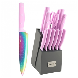 Conjunto de Facas Hecef em Titânio com Bloco de Bancada e Afiador Embutido, 14 Peças, Rosa