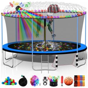 Goujxcy 12FT 14FT 15FT 16FT Trampolim para crianças e adultos, 1500 LBS trampolins ao ar livre com cesta de basquete, luzes, sprinkler