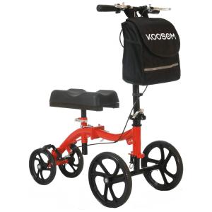 Andador 4 Rodas Dobrável com Cesta e Apoio para Joelho Ideal para Lesões Suporta 158kg, KOOSOM, Vermelho