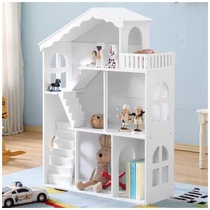 Estante de Casa de Bonecas com Escada e Varanda em Madeira para Crianças Acima de 3 Anos, HILIROOM, Branca