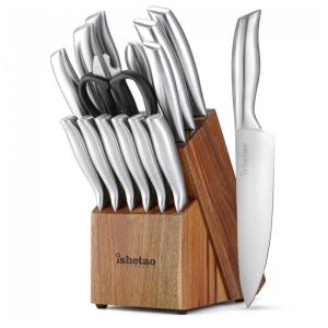 Conjunto de Facas em Aço Inoxidável com Bloco de Bancada e Cabo Ergonômico, 15 Peças, IsheTao, Prata