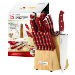 Conjunto de Facas em Aço Inoxidável com Afiador Embutido e Bloco de Bancada 15 Peças, MCCOOK MC24, Vermelho
