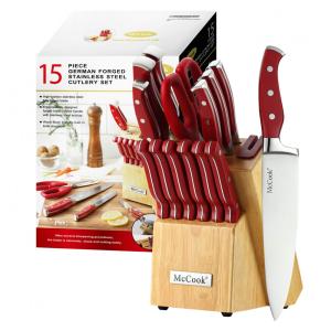Conjunto de Facas em Aço Inoxidável com Afiador Embutido e Bloco de Bancada 15 Peças, MCCOOK MC24, Vermelho