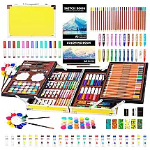 Kit Lápis de Cor Profissional com Maleta de Madeira 142 peças Tintas Acrílicas, Aquarela, KINSPORY L137, Amarelo