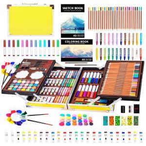 Kit Lápis de Cor Profissional com Maleta de Madeira 142 peças Tintas Acrílicas, Aquarela, KINSPORY L137, Amarelo