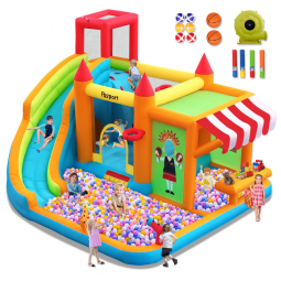 Parque Aquático Inflável com Tobogã Aquático FBSPORT, Diversão Garantida para Crianças com Quiosque de Brinquedos, Piscina de Respingos.