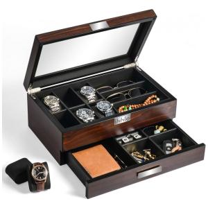 Caixa, Estojo de Madeira e Gaveta de Manobrista para Relógios com 6 Compartimentos, SUNIX, Marrom