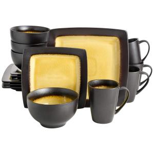 Aparelho de Jantar com 16 Peças em Cerâmica Reativa e Formato Quadrado, Gibson Elite Ocean Paradise, Âmbar