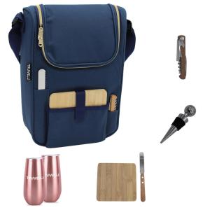 Bolsa Térmica para Vinho e Queijo Truvelli Plush Picnic, 7 em 1, Isolada para 2 Garrafas - Presente Ideal para Amantes de Vinho - Azul