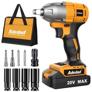 Chave de Impacto sem Fio 2 Velocidades com Carregador e Bateria de Li ion 2900 RPM, 20V, ADEDAD, Amarelo