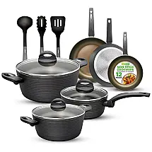 Jogo de Panelas e Frigideiras Antiaderentes em Alumínio com Utensílios, 12 Peças, NutriChef, Cinza