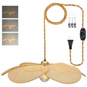 BAMWUAN Luminária Pendente de Bambu com Abajur de Rattan Estilo Flor 61cm Dimerizável para Sala, Cozinha e Quarto