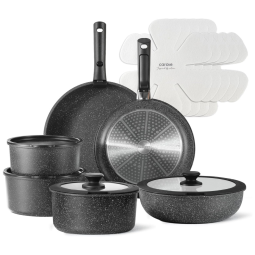 Jogo de Panelas CAROTE 17 peças Antiaderente com Alça Removível - Kit de Cozinha RV, Panelas Destacáveis, Uso no Forno e Camping - Preto