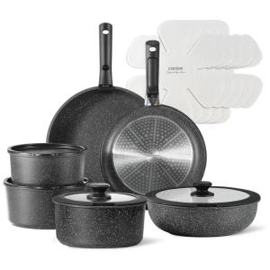 Jogo de Panelas CAROTE 17 peças Antiaderente com Alça Removível - Kit de Cozinha RV, Panelas Destacáveis, Uso no Forno e Camping - Preto