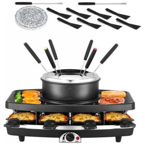 Electric Raclette BBQ Grill with Fondue Pot Sets, Portable Korean Table Grill Electric Indoor Cheese Raclette, Dual Adjustable Thermostats