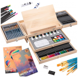 Kit de Pintura ARTEBU com 85 Peças e Caixa de madeira Portátil, Marrom Claro