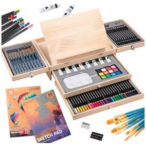 Kit de Pintura ARTEBU com 85 Peças e Caixa de madeira Portátil, Marrom Claro