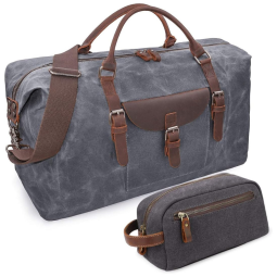 Bolsa de Viagem de Couro e Lona Encerada com Necessaire, NEWHEY 2056, Cinza