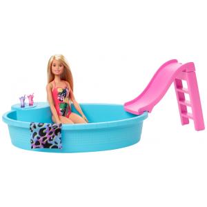 Boneca Barbie com Piscina, Escorregador, Acessórios para Bebidas e Toalha, Rosa