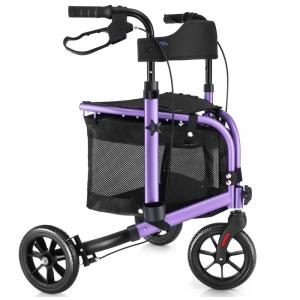 Andador Dobrável de 3 Rodas com Assento Acolchoado Ideal para Idosos, WALK MATE, Roxo