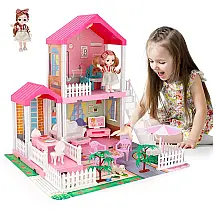 Mini Casa de Bonecas com 3 Quartos e 2 Andares para Crianças de 3 Anos ou Mais, Mini Tudou, Rosa