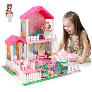 Mini Casa de Bonecas com 3 Quartos e 2 Andares para Crianças de 3 Anos ou Mais, Mini Tudou, Rosa