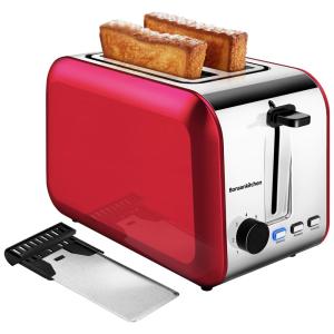 Torradeira Elétrica 2 Fatias com 7 Níveis de Tostagem, Aço Inoxidável, 110v, BONSENKITCHEN, Vermelho