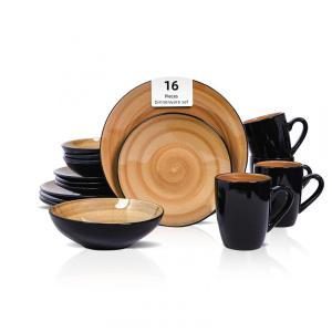 Aparelho de Jantar em Louça de Pedra Sonoma 16 Peças, Mocha com Lavagem em Espiral Preto 16 Peças,HomeVss